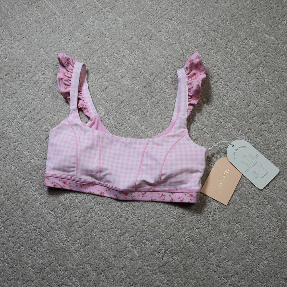 Blogilates Pink Gingham Ruffle Corset Bra Floral Sports Bra Small NWT